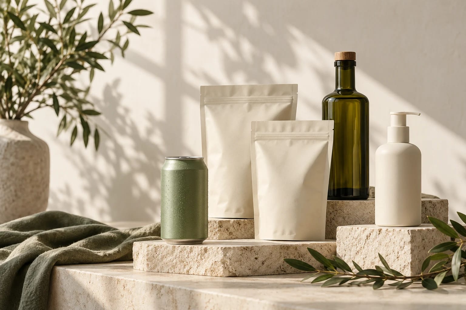 Sage beverage packaging, ivory pouches and olive glass on sunlit limestone
